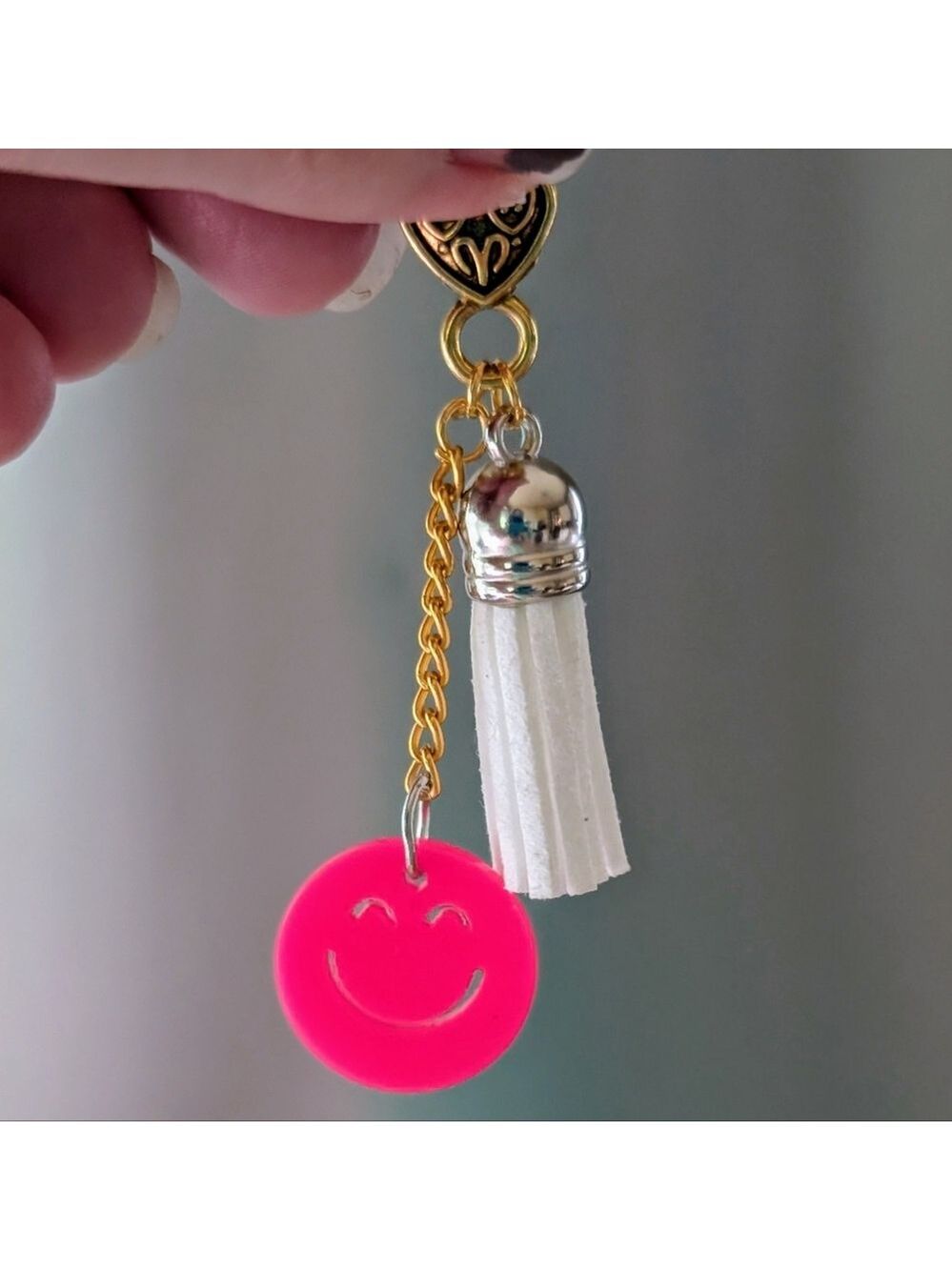 Gold and Pink Smiley Bag Charm with White Tassel